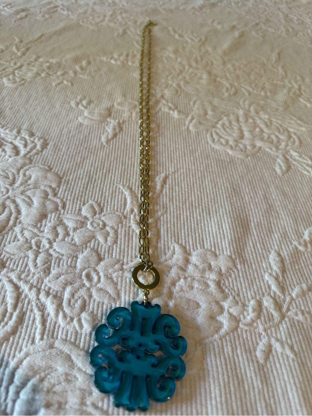 Teal Carved Resin Pendant Necklace on Gold-Tone Chain